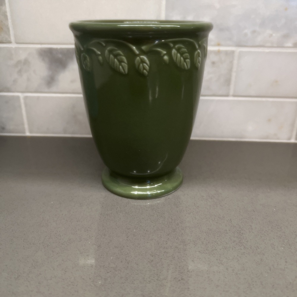 LONGABERGER Green Ceramic Vase Planter Pot Pencil Cup Leaves Excellent Condition